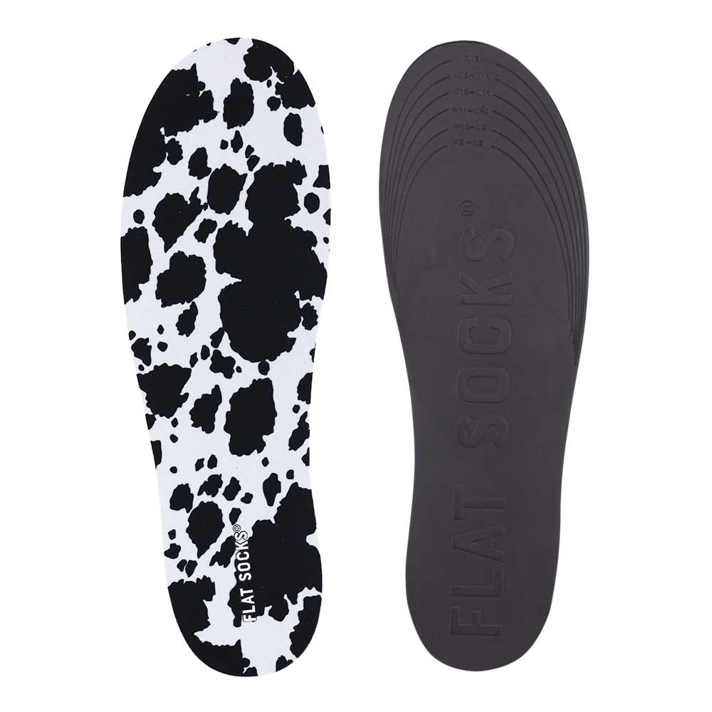 View of top fabric on left liner, view of bottom of right liner. Insole liner features white and black animal print on top fabric. Bottom of FLAT SOCK is 100% black polyurethane foam and provides slight cushion under foot and its super grippy surface helps liner stay in place all day #size_large-up-to-women-s-13-men-s-14