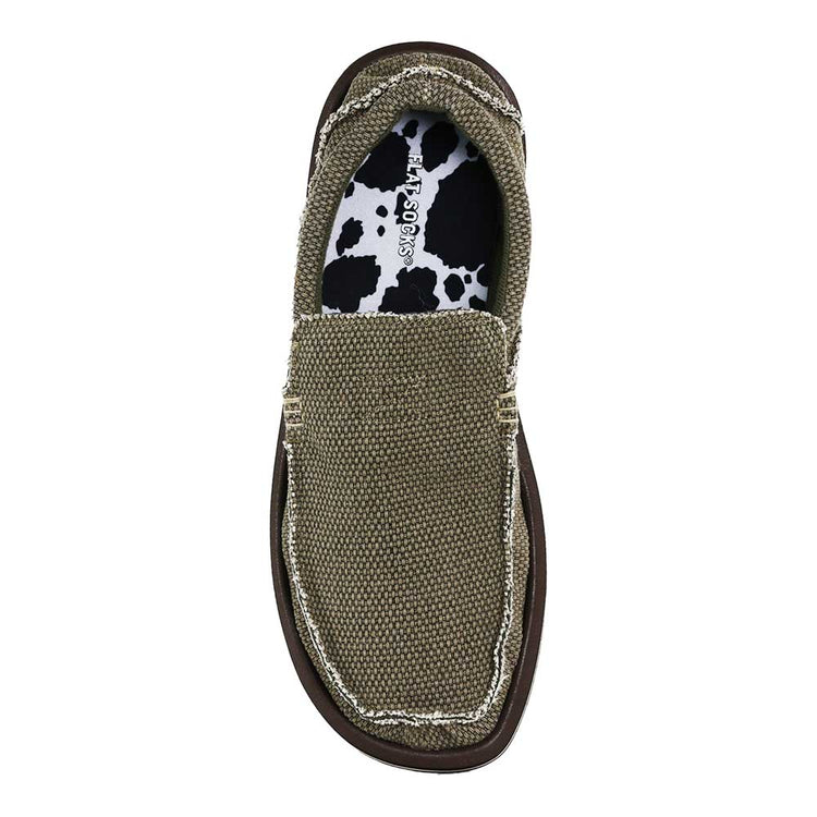 White and black animal print FLAT SOCK in green slip-on shoe. Insole liner features white and black cow print on top fabric. Shoe liner is made of 100% polyester woven material, closest material to a traditional sock, helps protect and extend life of shoes. #size_large-up-to-women-s-13-men-s-14