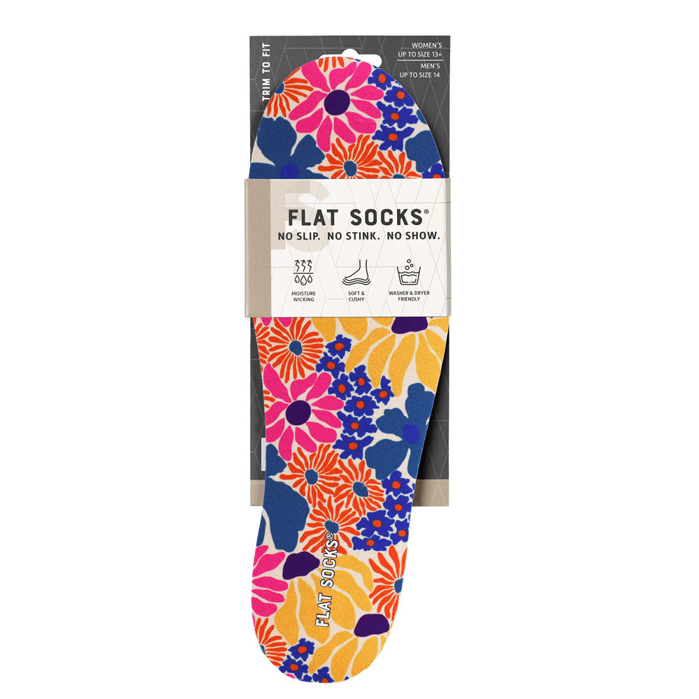 View of the front of multi-colored retro floral print FLAT SOCK in packaging, FLAT SOCKS no slip, no stink, no show. Moisture wicking, soft & cushy, washer & dryer friendly. Features blue, orange, hot pink, purple and yellow flowers print on insole liner #size_large-up-to-women-s-13-men-s-14