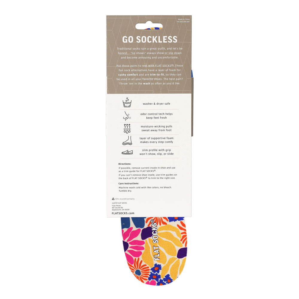 View of the back of multi-colored retro floral print FLAT SOCK in packaging, washer & dryer safe, odor control tech help keep feet fresh, moisture-wicking pulls sweat away from foot, layer of supportive foam makes every step comfy, slim profile with grip won’t show, slip, or slide. #size_large-up-to-women-s-13-men-s-14