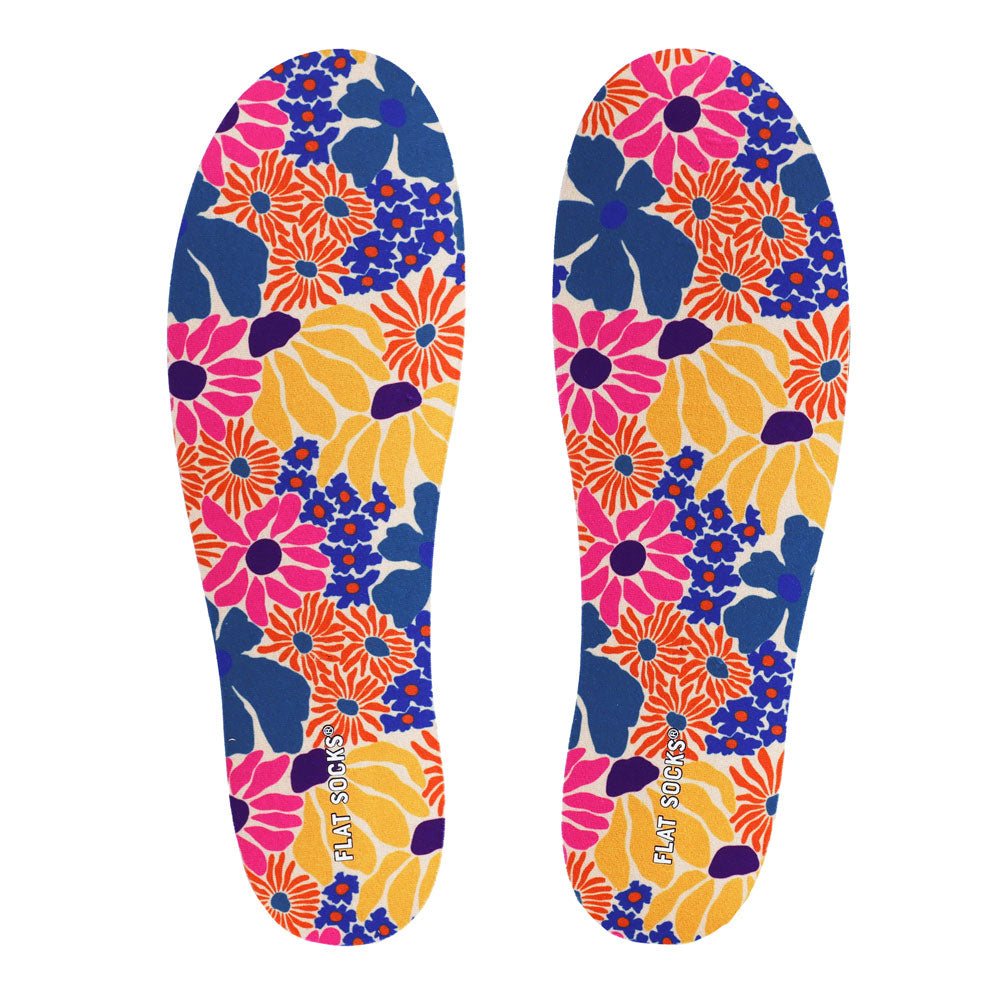 View of top fabric on pair of multi-colored retro floral print FLAT SOCK, insole liner features blue, orange, hot pink, purple and yellow flowers print on top fabric #size_large-up-to-women-s-13-men-s-14