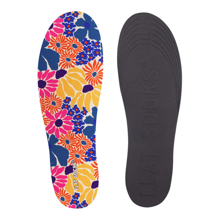 View of top fabric on left liner, view of bottom of right liner. Insole liner features multi-colored retro floral print on top fabric. Bottom of FLAT SOCK is 100% black polyurethane foam and provides slight cushion under foot and its super grippy surface helps liner stay in place all day #size_large-up-to-women-s-13-men-s-14