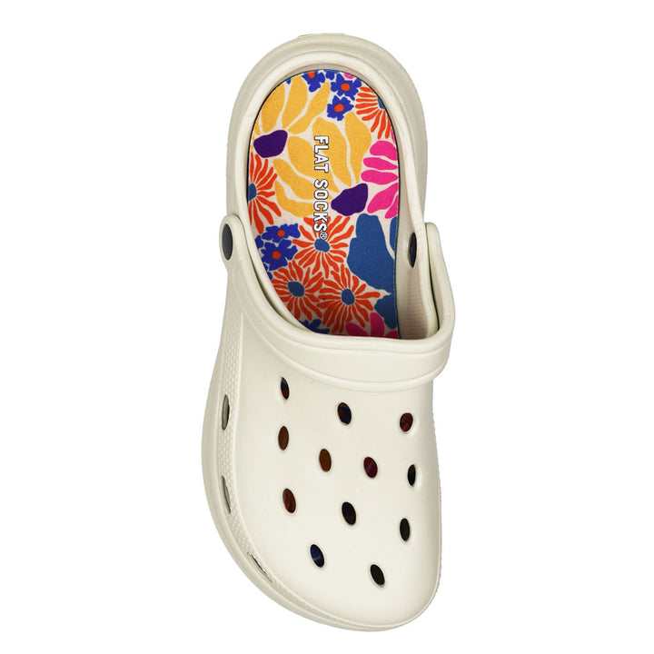 Multi-colored retro floral print FLAT SOCK in cream colored slip-on croc shoe. Insole liner features blue, orange, hot pink, purple and yellow flowers print on top fabric. Shoe liner is made of 100% polyester woven material, closest material to a traditional sock, helps protect and extend life of shoes. #size_large-up-to-women-s-13-men-s-14