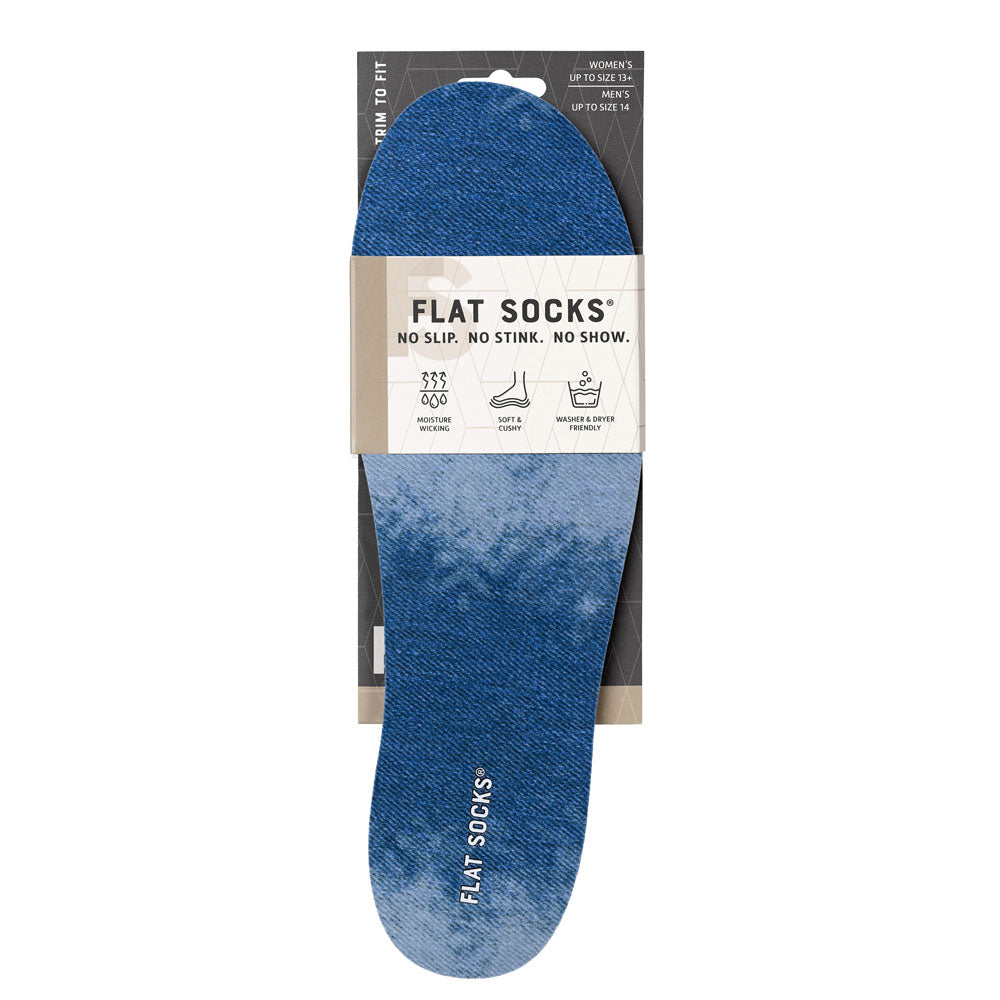 View of the front of blue and faded blue denim print FLAT SOCK in packaging, FLAT SOCKS no slip, no stink, no show. Moisture wicking, soft & cushy, washer & dryer friendly. Features blue and faded blue denim jean style printed on insole liner #size_large-up-to-women-s-13-men-s-14