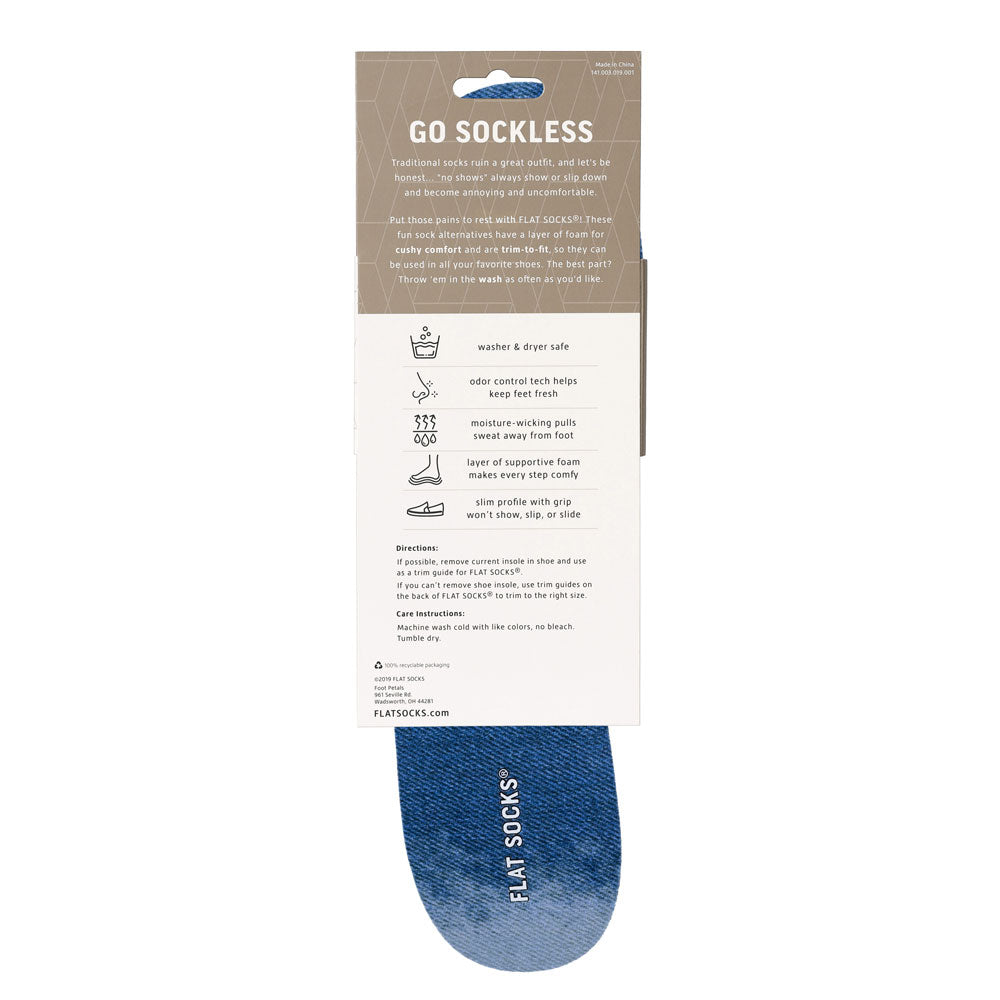 View of the back of blue and faded blue denim print FLAT SOCK in packaging, washer & dryer safe, odor control tech help keep feet fresh, moisture-wicking pulls sweat away from foot, layer of supportive foam makes every step comfy, slim profile with grip won’t show, slip, or slide. #size_large-up-to-women-s-13-men-s-14