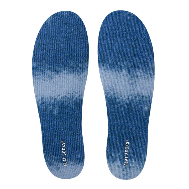 View of top fabric on pair of blue and faded blue denim print FLAT SOCKS, insole liner features blue and faded blue denim jean style on top fabric #size_large-up-to-women-s-13-men-s-14