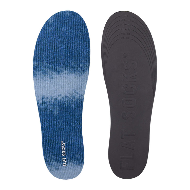 View of top fabric on left liner, view of bottom of right liner. Insole liner features blue and faded blue denim jean style on top fabric. Bottom of FLAT SOCK is 100% black polyurethane foam and provides slight cushion under foot and its super grippy surface helps liner stay in place all day #size_large-up-to-women-s-13-men-s-14