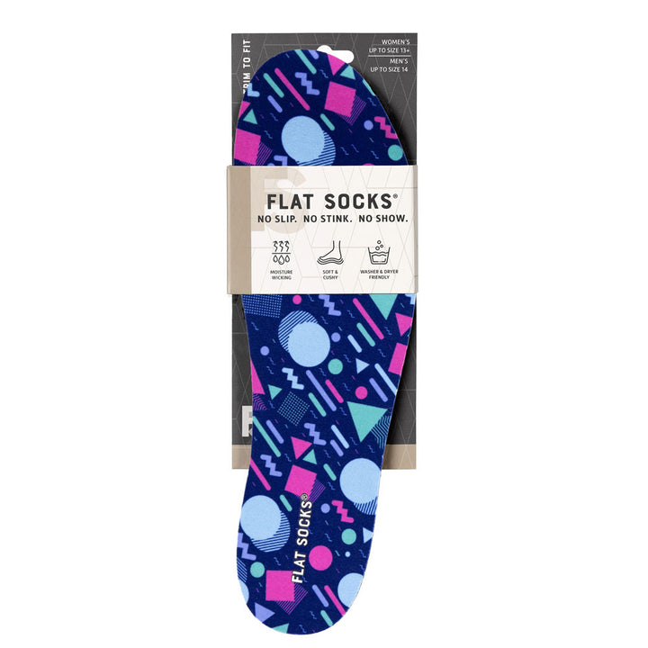 View of the front of dark blue with 1980s and 1990s Memphis style print FLAT SOCK in packaging, FLAT SOCKS no slip, no stink, no show. Moisture wicking, soft & cushy, washer & dryer friendly. Features fuchsia, teal, purple, and light-blue Memphis style shapes printed on insole liner #size_large-up-to-women-s-13-men-s-14