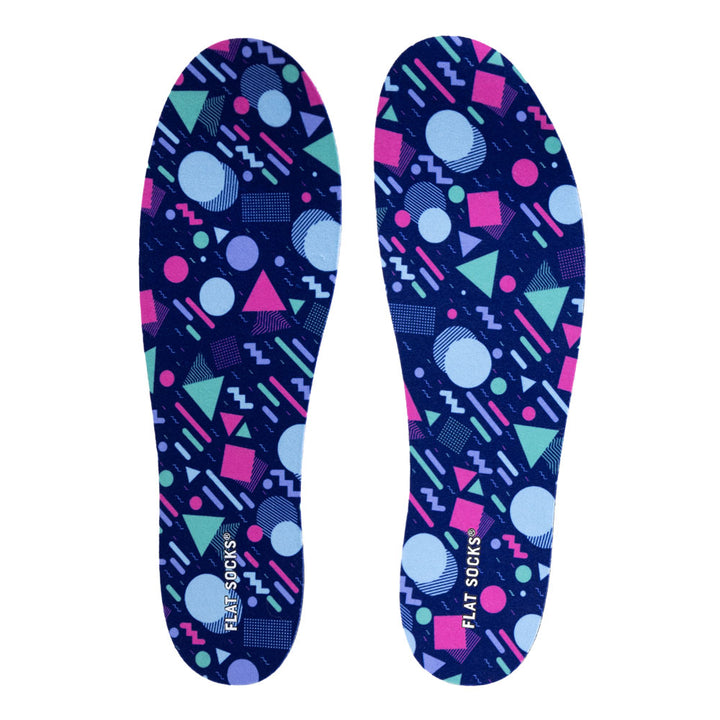 View of top fabric on pair of dark blue with 1980s and 1990s Memphis style print FLAT SOCKS, insole liner features fuchsia, teal, purple, and light-blue Memphis style shapes on top fabric #size_large-up-to-women-s-13-men-s-14