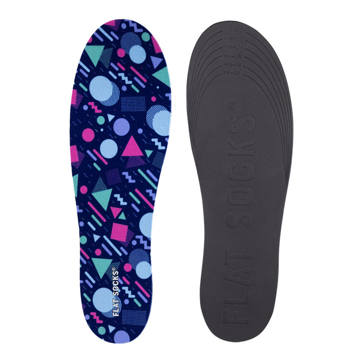 View of top fabric on left liner, view of bottom of right liner. Insole liner features fuchsia, teal, purple, and light-blue Memphis style shapes on top fabric. Bottom of FLAT SOCK is 100% black polyurethane foam and provides slight cushion under foot and its super grippy surface helps liner stay in place all day #size_large-up-to-women-s-13-men-s-14