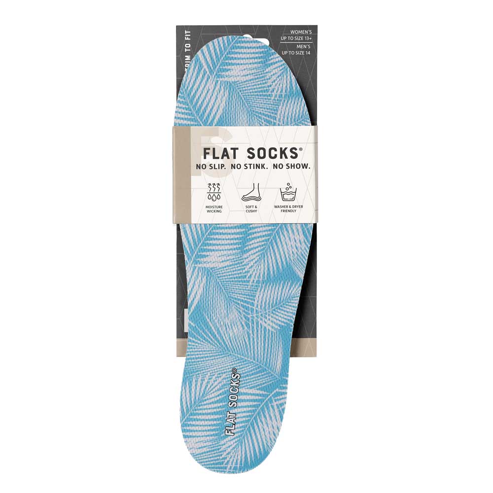 View of the front of sky blue leaf print FLAT SOCK in packaging, FLAT SOCKS no slip, no stink, no show. Moisture wicking, soft & cushy, washer & dryer friendly. Features white palm tree leaves printed on insole liner #size_large-up-to-women-s-13-men-s-14