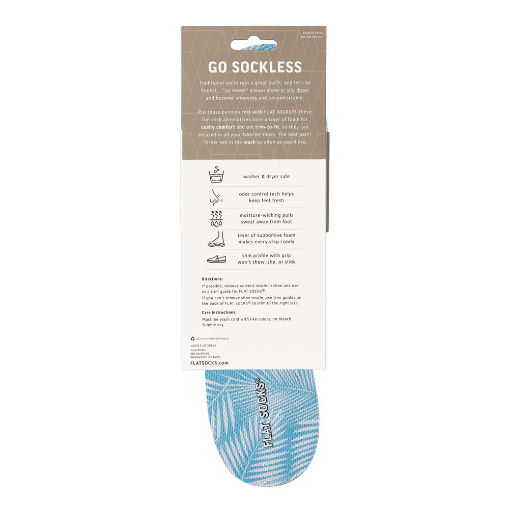 View of the back of sky blue leaf print FLAT SOCK in packaging, washer & dryer safe, odor control tech help keep feet fresh, moisture-wicking pulls sweat away from foot, layer of supportive foam makes every step comfy, slim profile with grip won’t show, slip, or slide. #size_large-up-to-women-s-13-men-s-14