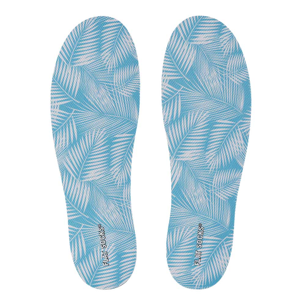 View of top fabric on pair of sky blue leaf print FLAT SOCKS, insole liner features white palm tree leaves printed on top fabric #size_large-up-to-women-s-13-men-s-14