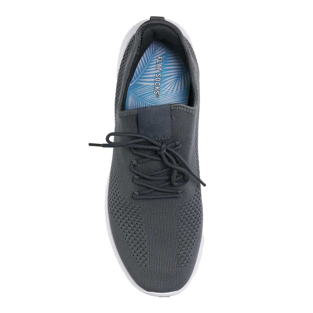 Sky blue leaf print FLAT SOCK in dark gray tennis shoe. Insole liner features white palm tree leaves printed on top fabric. Shoe liner is made of 100% polyester BK mesh, a more breathable material, helps protect and extend life of shoes. #size_large-up-to-women-s-13-men-s-14