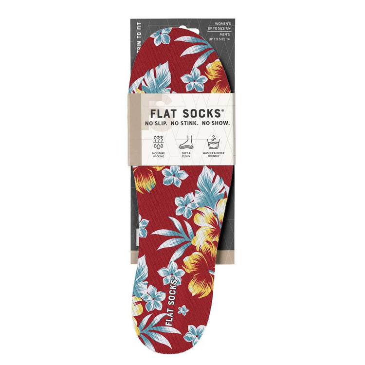 View of the front of red floral print FLAT SOCK in packaging, FLAT SOCKS no slip, no stink, no show. Moisture wicking, soft & cushy, washer & dryer friendly. Features teal plumeria flowers and monstera leaves, yellow hibiscus flowers printed on insole liner #size_large-up-to-women-s-13-men-s-14