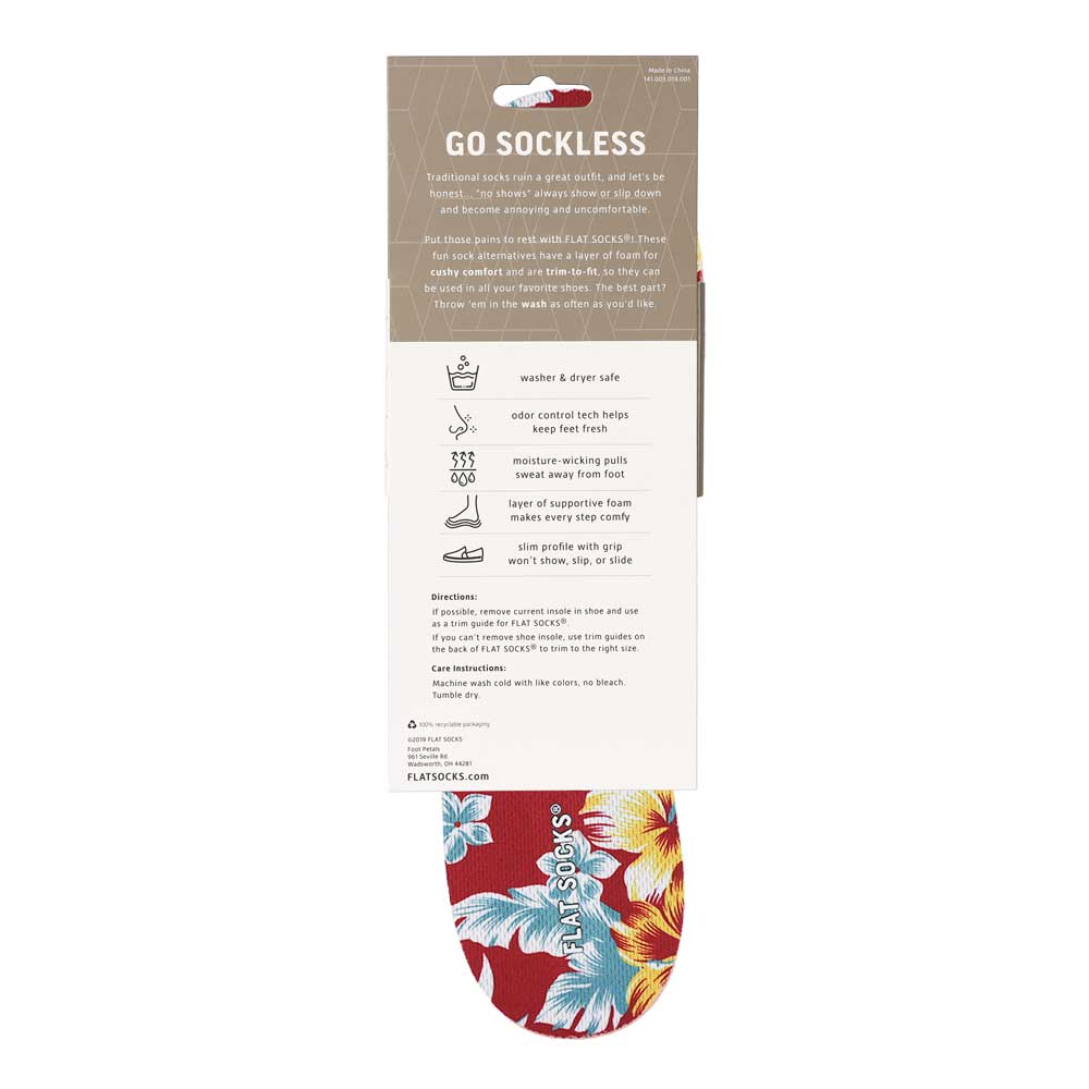 View of the back of red floral print FLAT SOCK in packaging, washer & dryer safe, odor control tech help keep feet fresh, moisture-wicking pulls sweat away from foot, layer of supportive foam makes every step comfy, slim profile with grip won’t show, slip, or slide. #size_large-up-to-women-s-13-men-s-14
