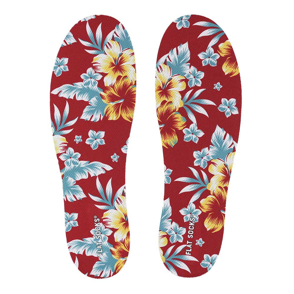 View of top fabric on pair of red floral print FLAT SOCKS, insole liner features teal plumeria flowers and monstera leaves, yellow hibiscus flowers printed on top fabric #size_large-up-to-women-s-13-men-s-14