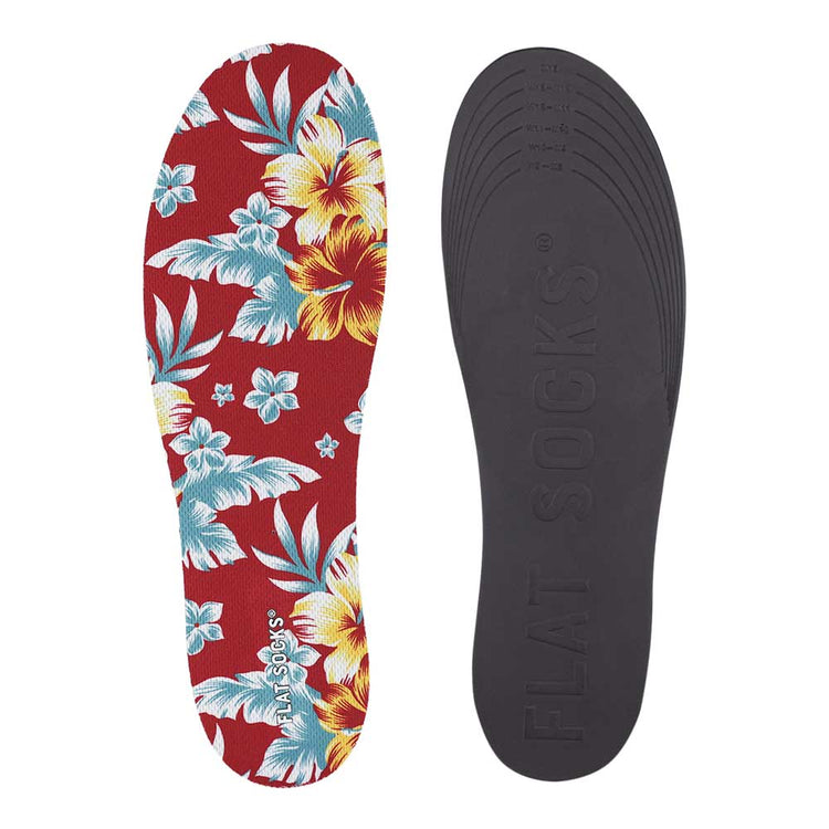 View of top fabric on left liner, view of bottom of right liner. Insole liner features teal plumeria flowers and monstera leaves, yellow hibiscus flowers printed on top fabric. Bottom of FLAT SOCK is 100% black polyurethane foam and provides slight cushion under foot and its super grippy surface helps liner stay in place all day #size_large-up-to-women-s-13-men-s-14