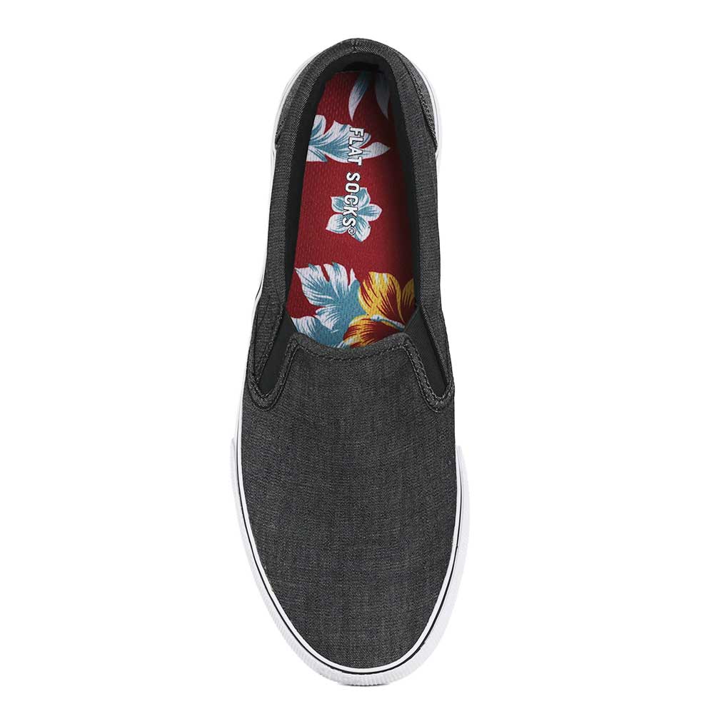 Red floral print FLAT SOCK in dark gray loafer slip-on shoe. Insole liner features teal plumeria flowers and monstera leaves, yellow hibiscus flowers printed on top fabric. Shoe liner is made of 100% polyester BK mesh, a more breathable material, helps protect and extend life of shoes. #size_large-up-to-women-s-13-men-s-14