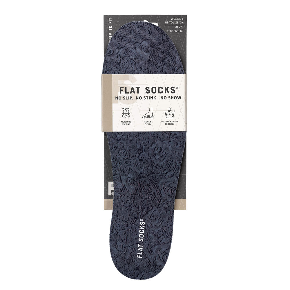 View of the front of desaturated blue lace rose floral print FLAT SOCK in packaging, FLAT SOCKS no slip, no stink, no show. Moisture wicking, soft & cushy, washer & dryer friendly. Features a lace-style with roses printed on insole liner #size_large-up-to-women-s-13-men-s-14