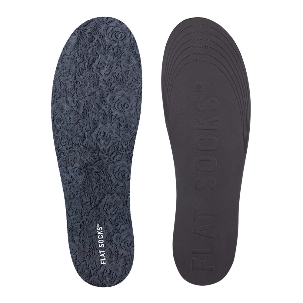 View of top fabric on left liner, view of bottom of right liner. Insole liner Features a lace-style with roses printed on top fabric. Bottom of FLAT SOCK is 100% black polyurethane foam and provides slight cushion under foot and its super grippy surface helps liner stay in place all day #size_large-up-to-women-s-13-men-s-14