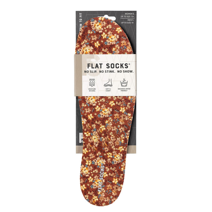 View of the front of rust red with floral print FLAT SOCK in packaging, FLAT SOCKS no slip, no stink, no show. Moisture wicking, soft & cushy, washer & dryer friendly. Features orange, yellow, and tan flowers printed on insole liner #size_large-up-to-women-s-13-men-s-14