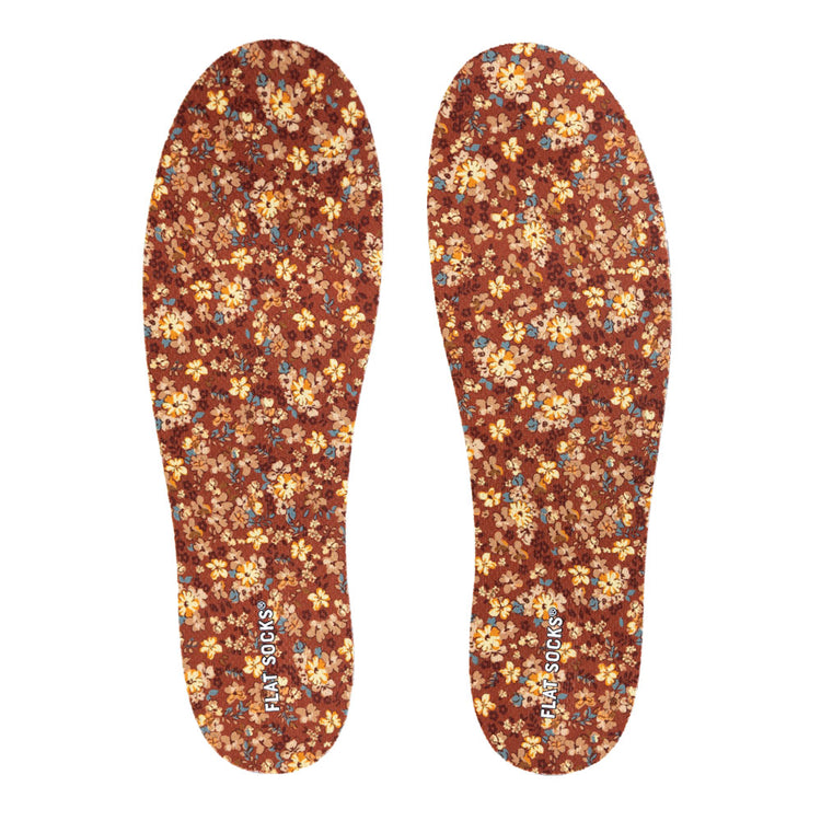 View of top fabric on pair of rust red with floral print FLAT SOCKS, insole liner Features orange, yellow, and tan flowers printed on top fabric #size_large-up-to-women-s-13-men-s-14