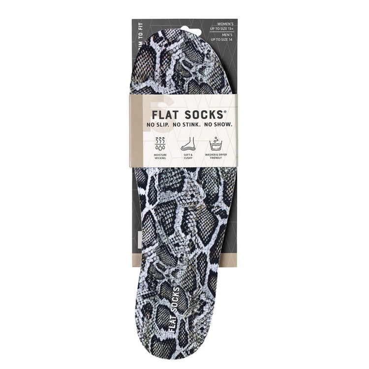 View of the front of gray and silver snake skin print FLAT SOCK in packaging, FLAT SOCKS no slip, no stink, no show. Moisture wicking, soft & cushy, washer & dryer friendly. Features gray, silver, and white snake skin printed on insole liner #size_large-up-to-women-s-13-men-s-14