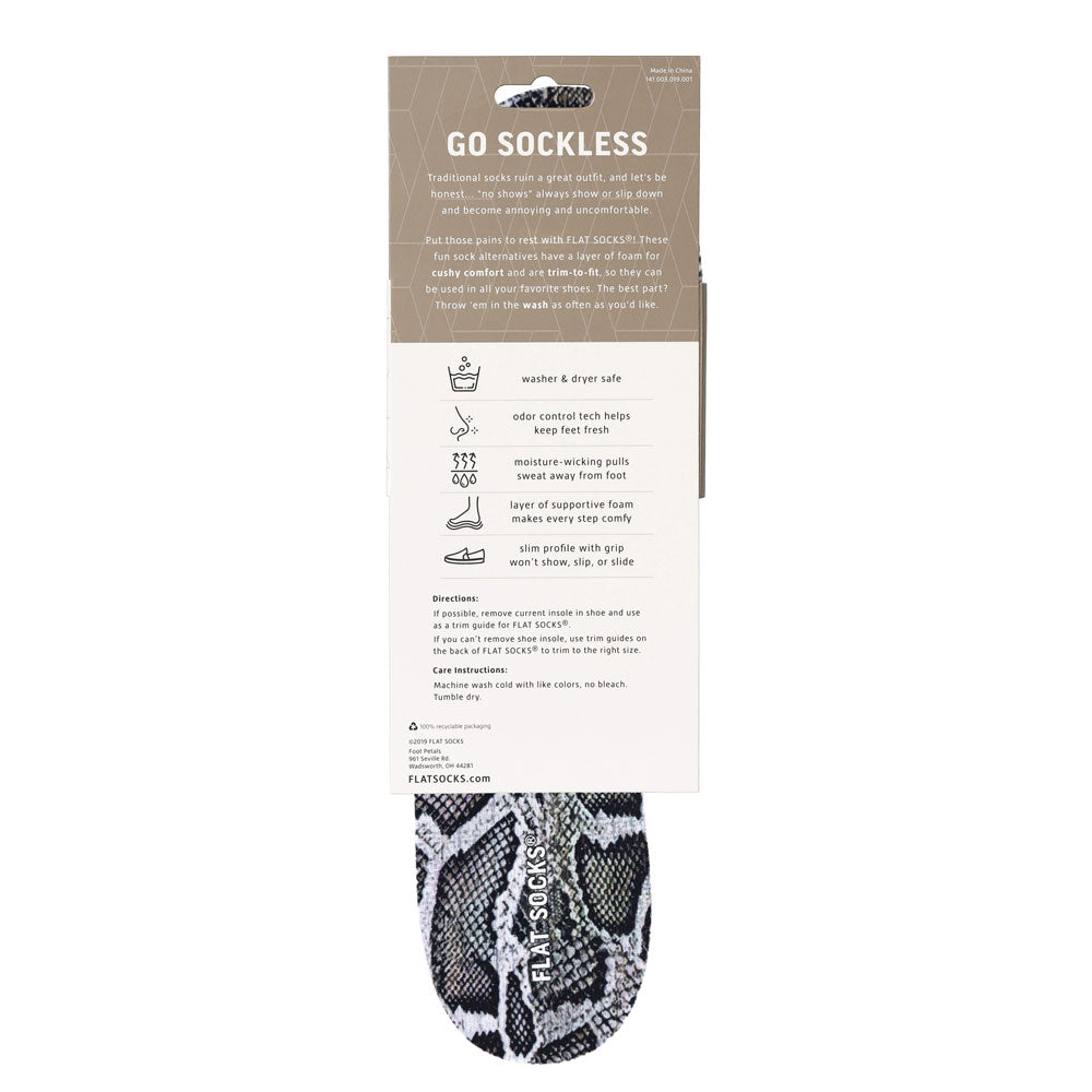 View of the back of gray and silver snake skin print FLAT SOCK in packaging, washer & dryer safe, odor control tech help keep feet fresh, moisture-wicking pulls sweat away from foot, layer of supportive foam makes every step comfy, slim profile with grip won’t show, slip, or slide. #size_large-up-to-women-s-13-men-s-14