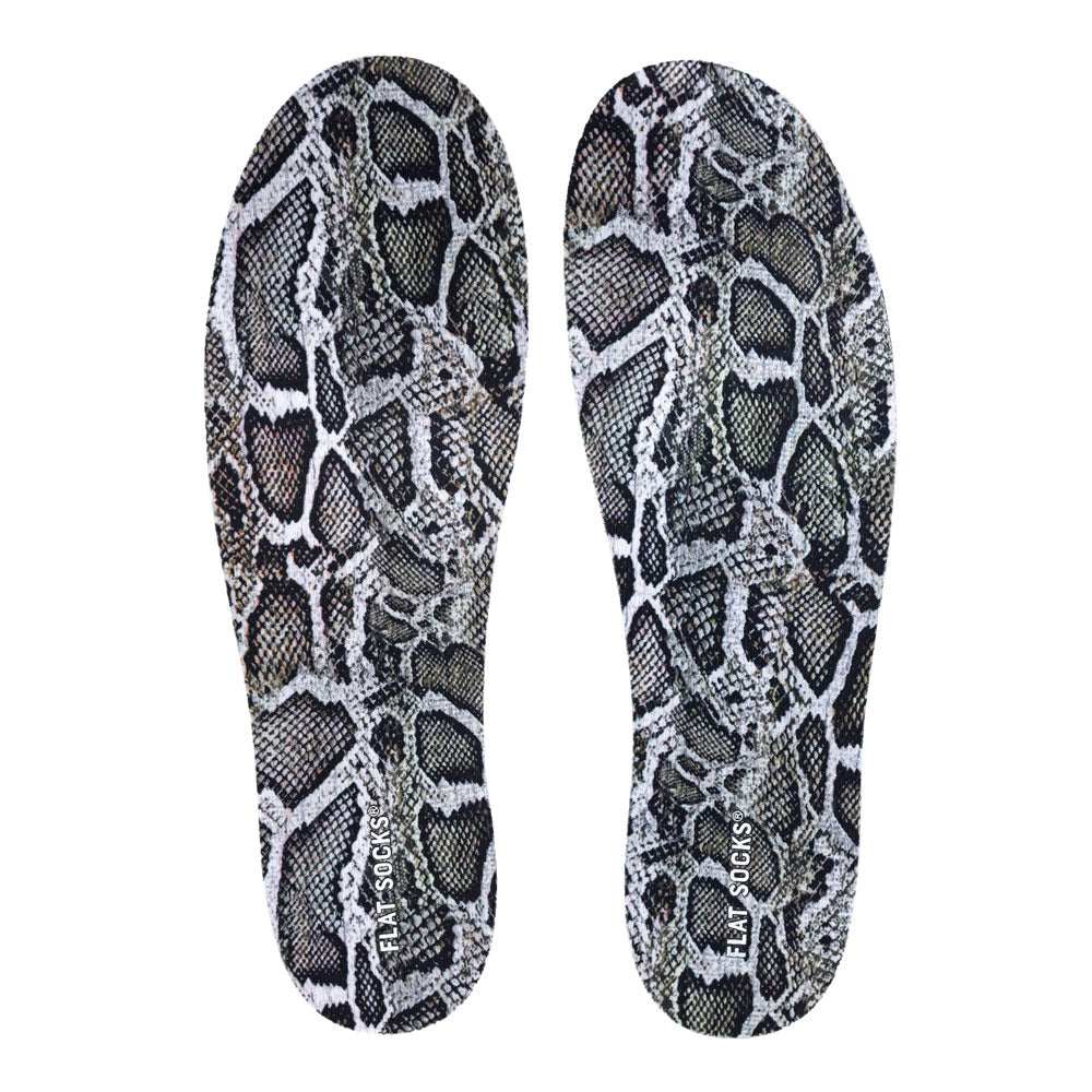 View of top fabric on pair of gray and silver snake skin print FLAT SOCKS, insole liner features gray, silver, and white snake skin on top fabric #size_large-up-to-women-s-13-men-s-14