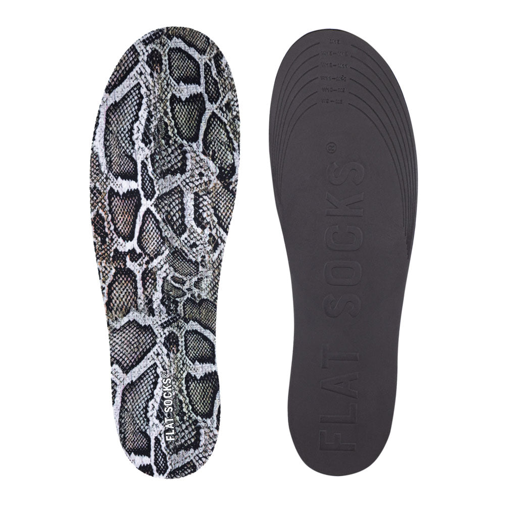 View of top fabric on left liner, view of bottom of right liner. Insole liner features gray, silver, and white snake skin on top fabric. Bottom of FLAT SOCK is 100% black polyurethane foam and provides slight cushion under foot and its super grippy surface helps liner stay in place all day #size_large-up-to-women-s-13-men-s-14