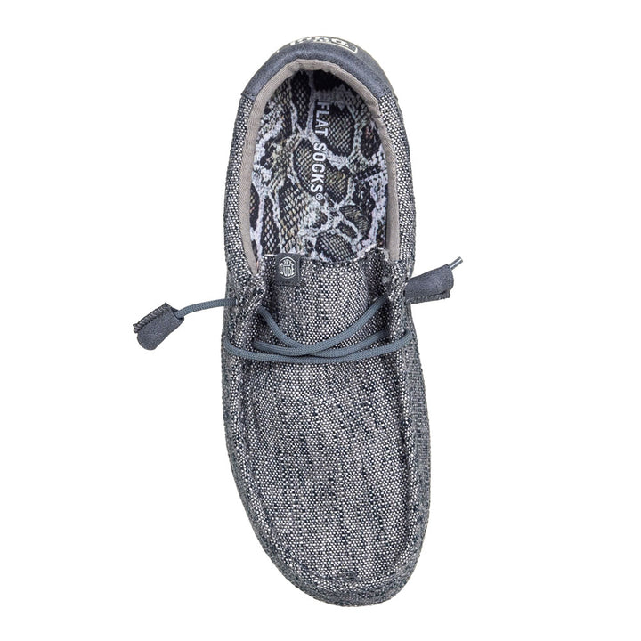 Gray and silver snake skin print FLAT SOCK in gray slip-on flat shoe. Insole liner features gray, silver, and white snake skin on top fabric. Shoe liner is made of 100% polyester BK mesh, a more breathable material, helps protect and extend life of shoes. #size_large-up-to-women-s-13-men-s-14