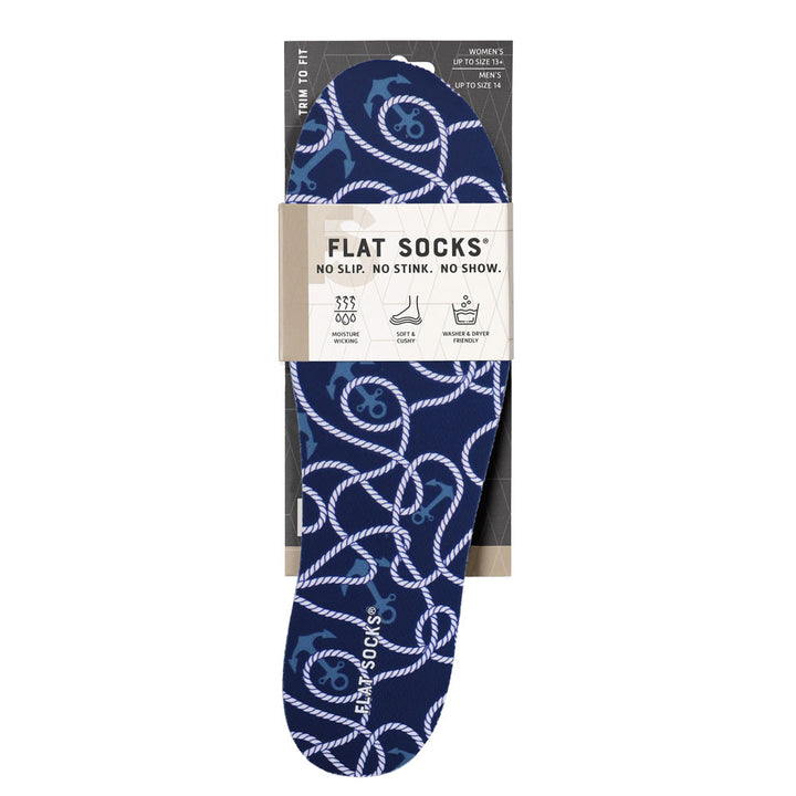 View of the front of dark navy blue with sea theme print FLAT SOCK in packaging, FLAT SOCKS no slip, no stink, no show. Moisture wicking, soft & cushy, washer & dryer friendly. Features dark navy blue with rope and anchors print on insole liner #size_large-up-to-women-s-13-men-s-14