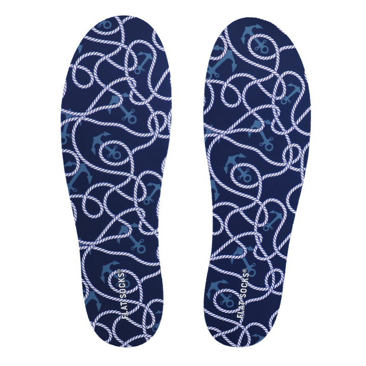 View of top fabric on pair of dark navy blue with sea theme print FLAT SOCK, insole liner features dark navy blue with rope and anchors print on top fabric #size_large-up-to-women-s-13-men-s-14