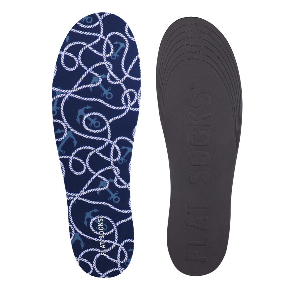 View of top fabric on left liner, view of bottom of right liner. Insole liner features dark navy blue with sea theme print on top fabric. Bottom of FLAT SOCK is 100% black polyurethane foam and provides slight cushion under foot and its super grippy surface helps liner stay in place all day #size_large-up-to-women-s-13-men-s-14