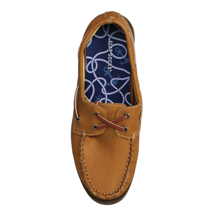 Dark navy blue with sea theme print FLAT SOCK in tan slip-on shoe. Insole liner features dark navy blue with rope and anchors print on top fabric. Shoe liner is made of 100% polyester bk mesh material, more breathable, helps protect and extend life of shoes. #size_large-up-to-women-s-13-men-s-14