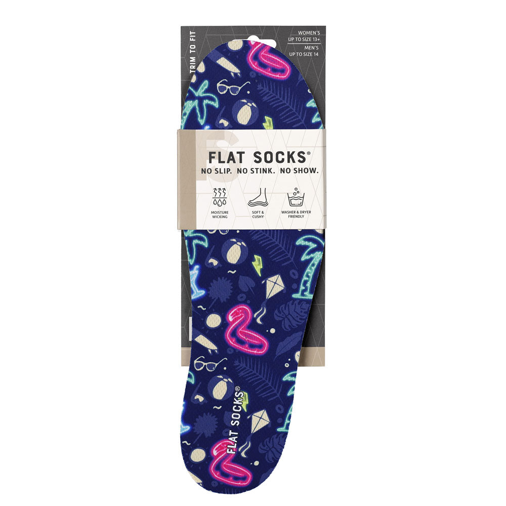 View of the front of navy blue with pink flamingos, neon blue palm trees, palm leaves and sunglasses print FLAT SOCK in packaging, FLAT SOCKS no slip, no stink, no show. Moisture wicking, soft & cushy, washer & dryer friendly. Features beach themed print on insole liner #size_large-up-to-women-s-13-men-s-14