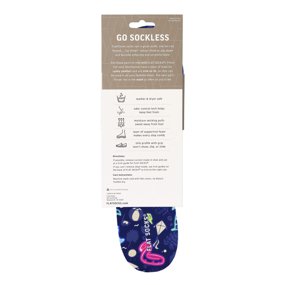 View of the back of navy blue with pink flamingos, neon blue palm trees, palm leaves and sunglasses print FLAT SOCK in packaging, washer & dryer safe, odor control tech help keep feet fresh, moisture-wicking pulls sweat away from foot, layer of supportive foam makes every step comfy, slim profile with grip won’t show, slip, or slide. #size_large-up-to-women-s-13-men-s-14
