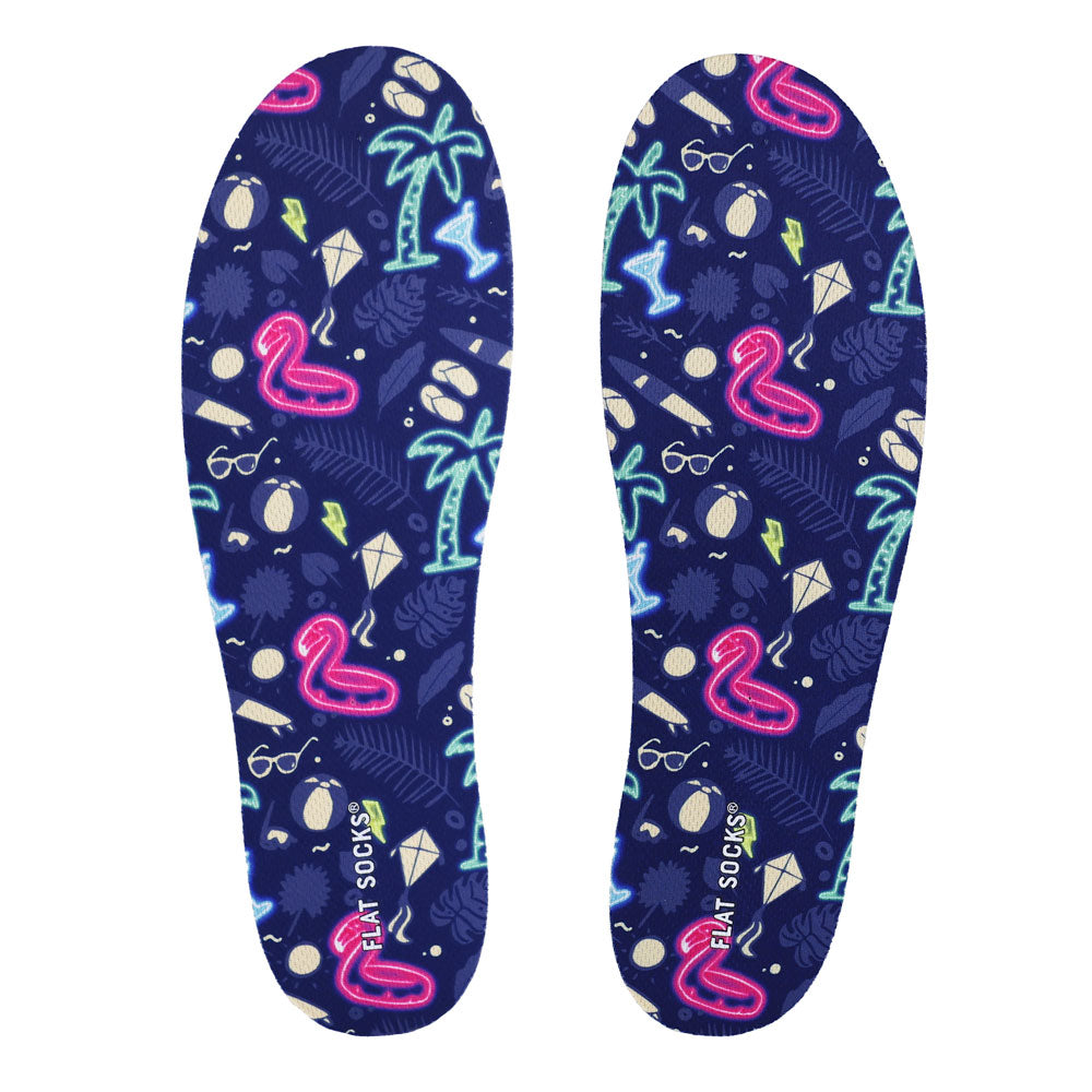View of top fabric on pair of beach themed print FLAT SOCK, insole liner features flamingos, palm trees, sunglasses on top fabric #size_large-up-to-women-s-13-men-s-14