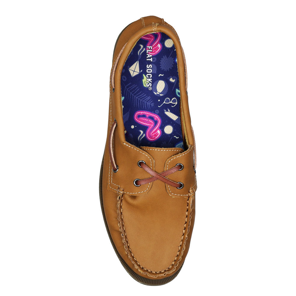Navy blue with pink flamingos, neon blue palm trees, palm leaves and sunglasses print FLAT SOCK in tan penny loafer slip-on shoe. Insole liner features beach themed print on top fabric. Shoe liner is made of 100% polyester BK Mesh material, tighter knit material that is more breathable, helps protect and extend life of shoes. #size_large-up-to-women-s-13-men-s-14