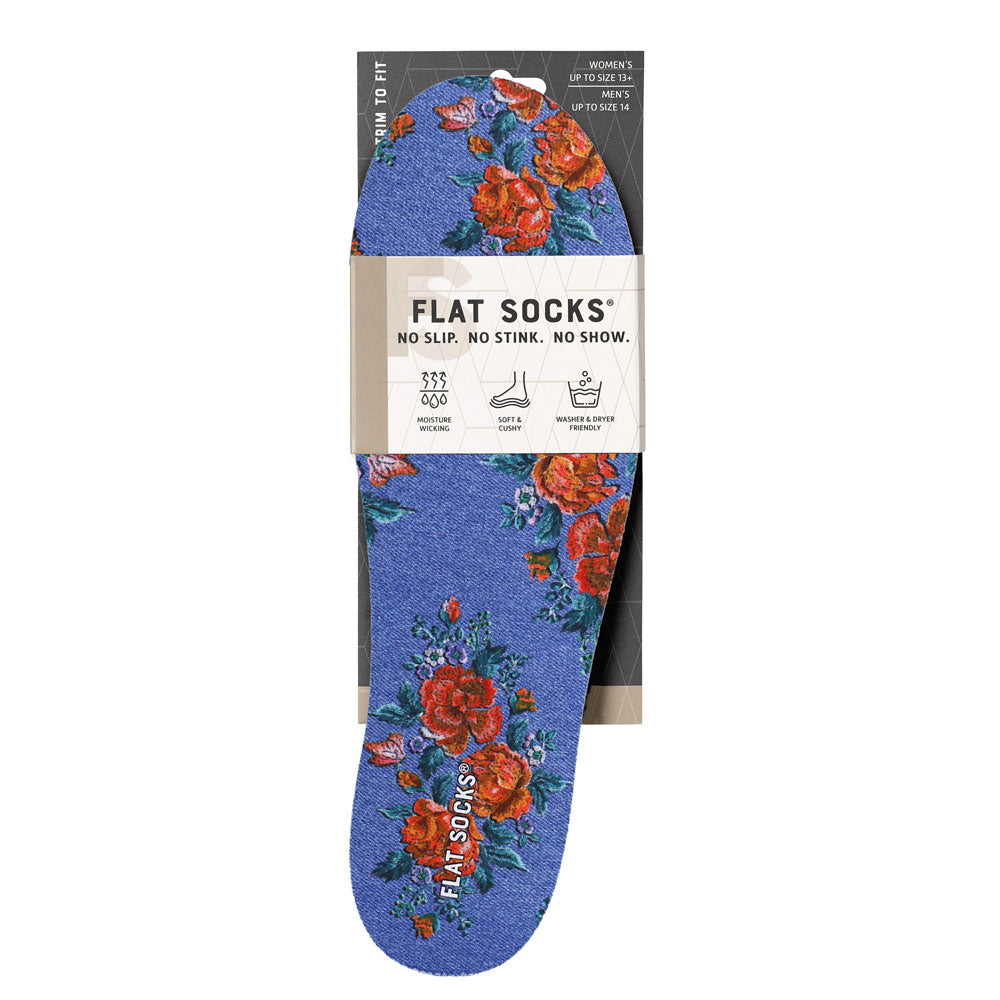 View of the front of blue denim and floral print FLAT SOCK in packaging, FLAT SOCKS no slip, no stink, no show. Moisture wicking, soft & cushy, washer & dryer friendly. Features blue denim and red rose floral print on insole liner #size_large-up-to-women-s-13-men-s-14