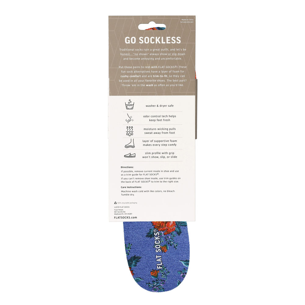 View of the back of blue denim and floral print FLAT SOCK in packaging, washer & dryer safe, odor control tech help keep feet fresh, moisture-wicking pulls sweat away from foot, layer of supportive foam makes every step comfy, slim profile with grip won’t show, slip, or slide. #size_large-up-to-women-s-13-men-s-14