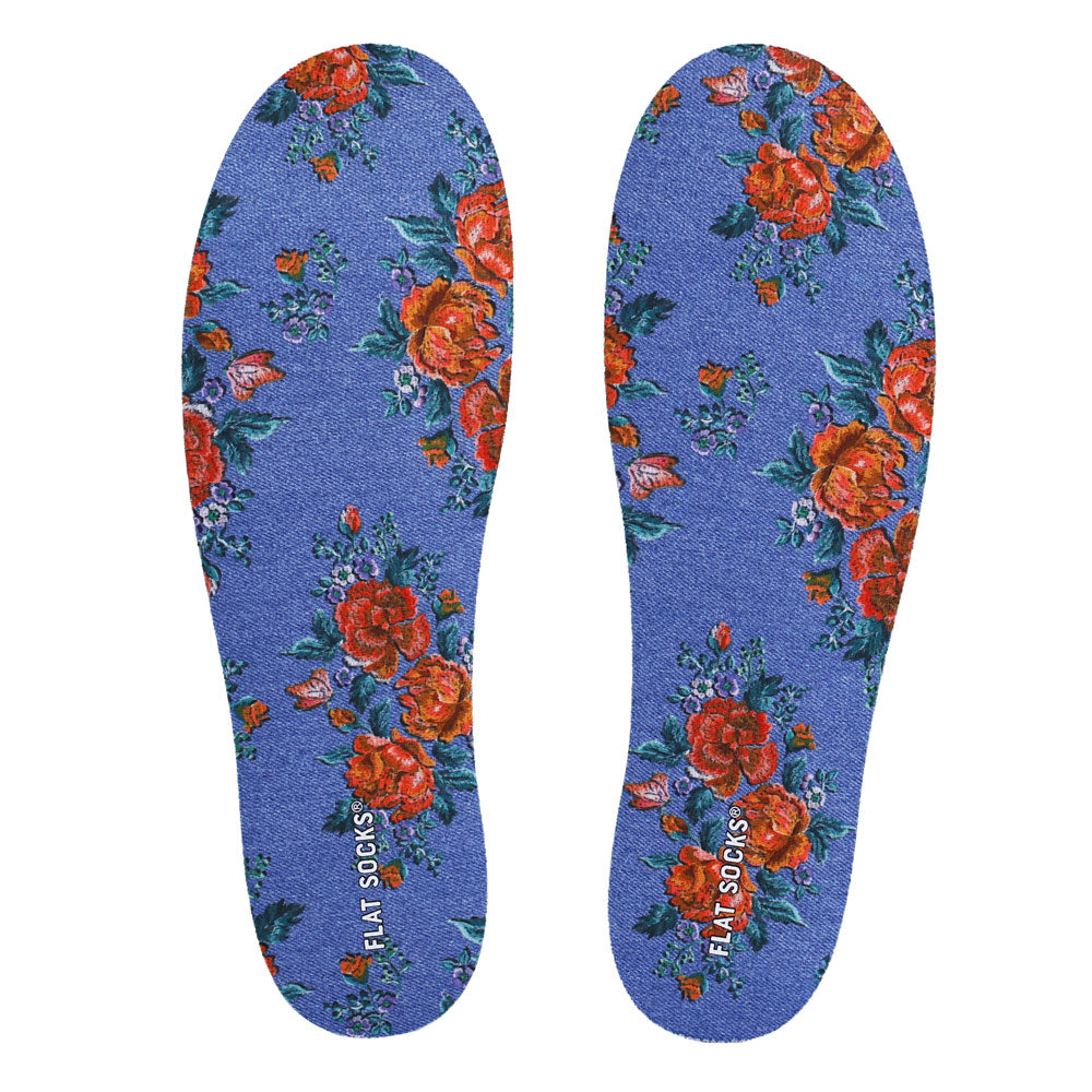 View of top fabric on pair of blue denim and floral print FLAT SOCK, insole liner features blue denim and red rose floral print on top fabric #size_large-up-to-women-s-13-men-s-14