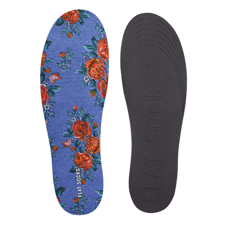 View of top fabric on left liner, view of bottom of right liner. Insole liner features blue denim and floral print on top fabric. Bottom of FLAT SOCK is 100% black polyurethane foam and provides slight cushion under foot and its super grippy surface helps liner stay in place all day #size_large-up-to-women-s-13-men-s-14