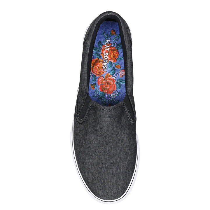 Blue denim and floral print FLAT SOCK in dark gray slip-on shoe. Insole liner features blue denim and red rose floral print on top fabric. Shoe liner is made of 100% polyester BK Mesh material, tighter knit material that is more breathable, helps protect and extend life of shoes. #size_large-up-to-women-s-13-men-s-14