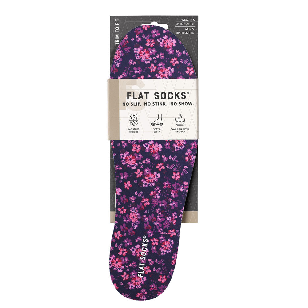 View of the front of dark purple with flowers print FLAT SOCK in packaging, FLAT SOCKS no slip, no stink, no show. Moisture wicking, soft & cushy, washer & dryer friendly. Features dark purple with small pink and violet flowers print on insole liner #size_large-up-to-women-s-13-men-s-14