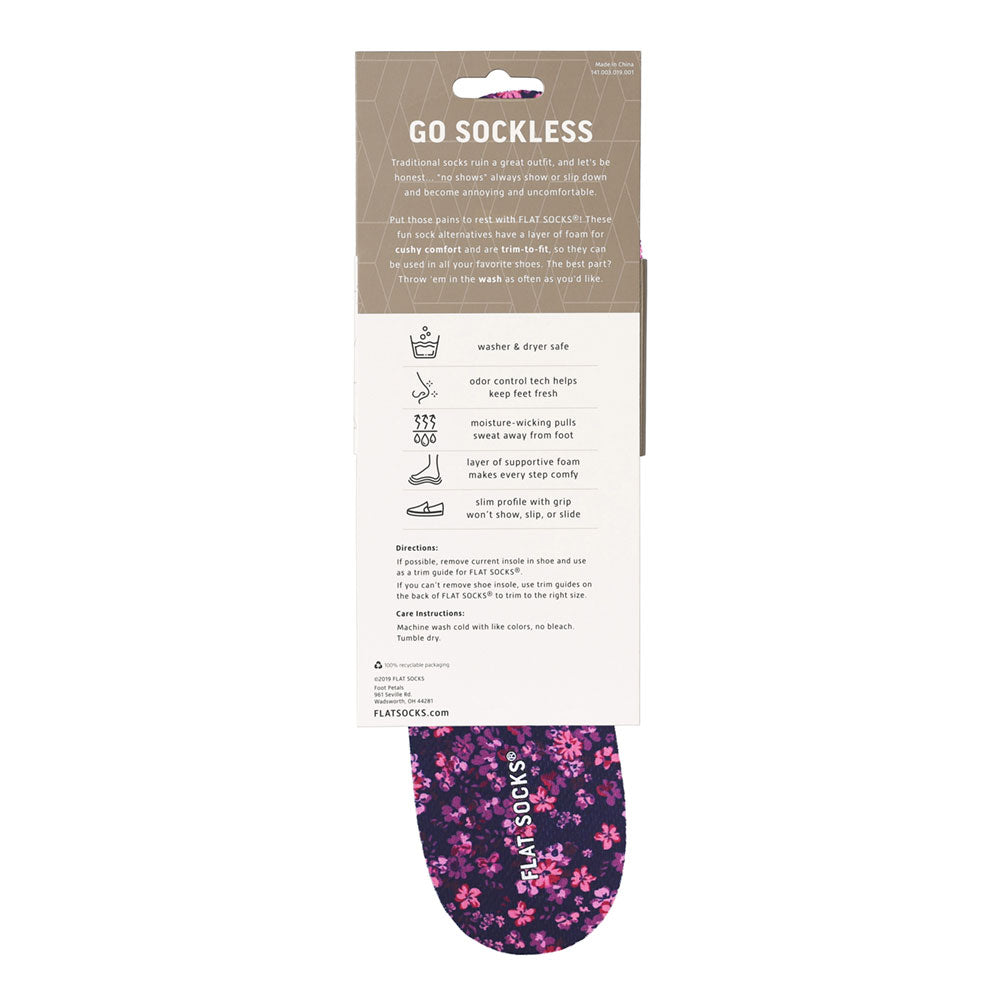 View of the back of dark purple with flowers print FLAT SOCK in packaging, washer & dryer safe, odor control tech help keep feet fresh, moisture-wicking pulls sweat away from foot, layer of supportive foam makes every step comfy, slim profile with grip won’t show, slip, or slide. #size_large-up-to-women-s-13-men-s-14