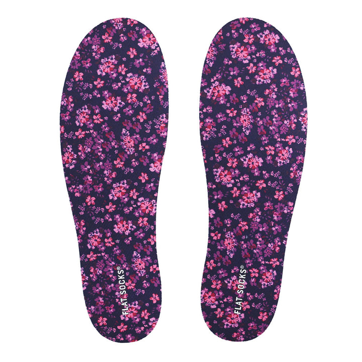 View of top fabric on pair of dark purple with flowers print FLAT SOCK, insole liner features dark purple with small pink and violet flowers print on top fabric #size_large-up-to-women-s-13-men-s-14