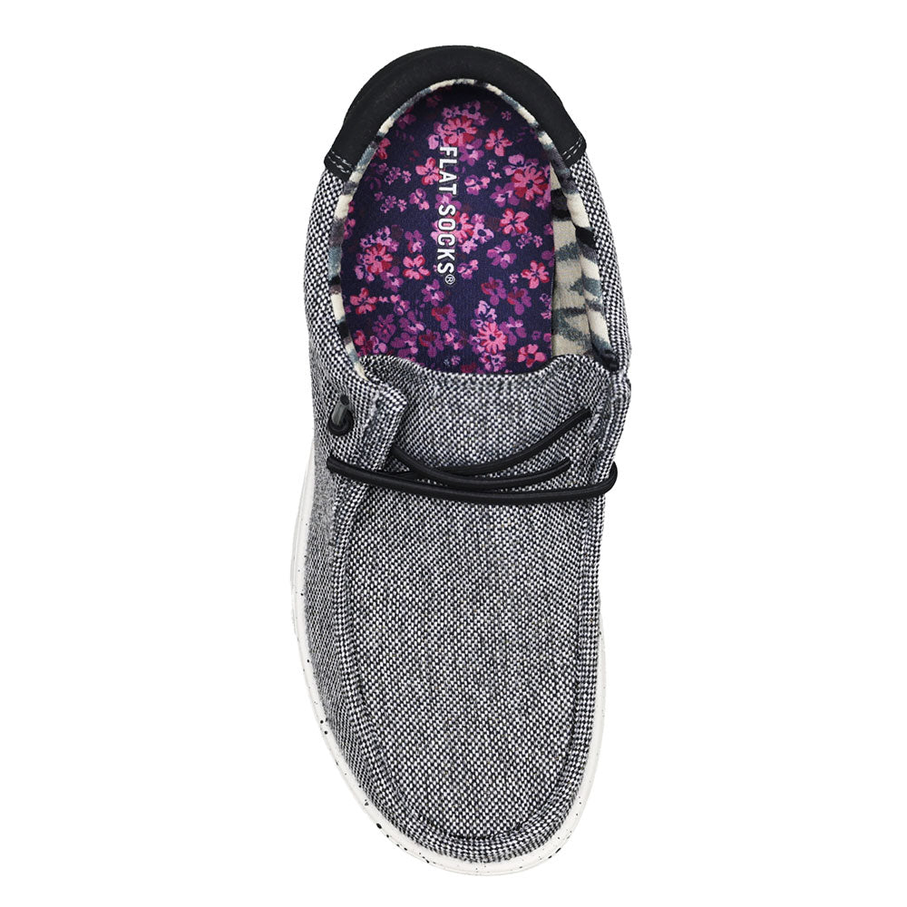 Dark purple with flowers print FLAT SOCK in gray slip-on shoe. Insole liner features dark purple with small pink and violet flowers print on top fabric. Shoe liner is made of 100% polyester bk mesh material, more breathable, helps protect and extend life of shoes. #size_large-up-to-women-s-13-men-s-14