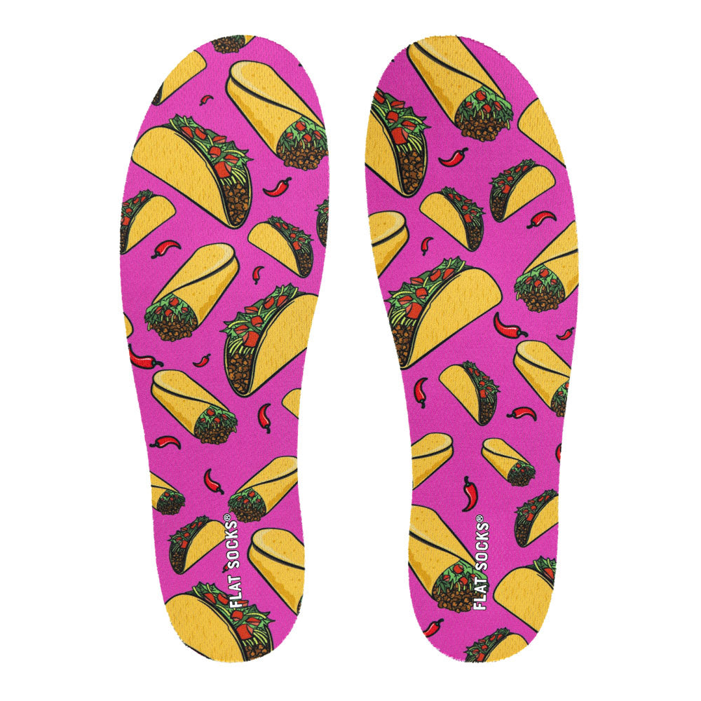 View of top fabric on pair of vibrant pink with hard-shell taco and soft-shell taco print FLAT SOCKS, insole liner features soft-shell tacos and hard-shell tacos with meat, lettuce, and tomatoes on top fabric #size_large-up-to-women-s-13-men-s-14